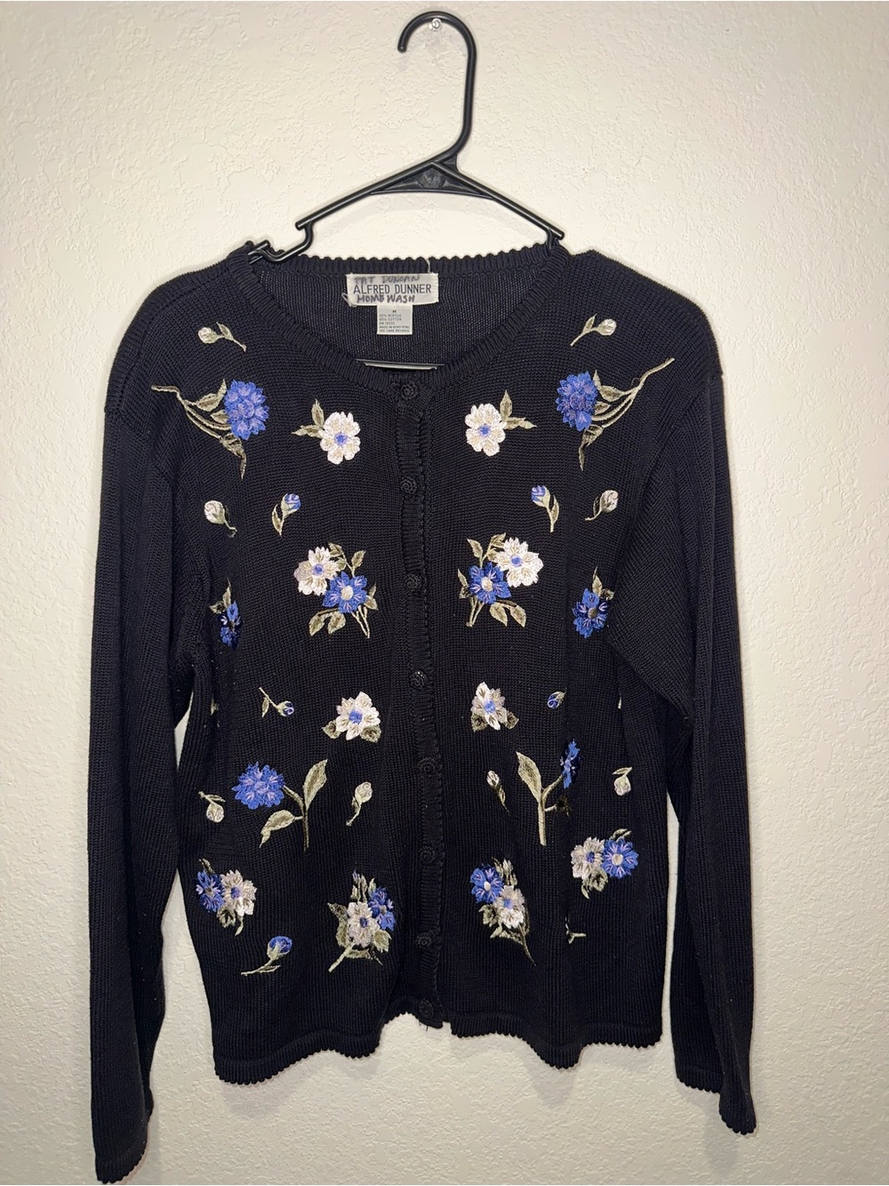 Alfred Dunner Black Cardigan with Blue and White Floral Embroidery. Size Medium